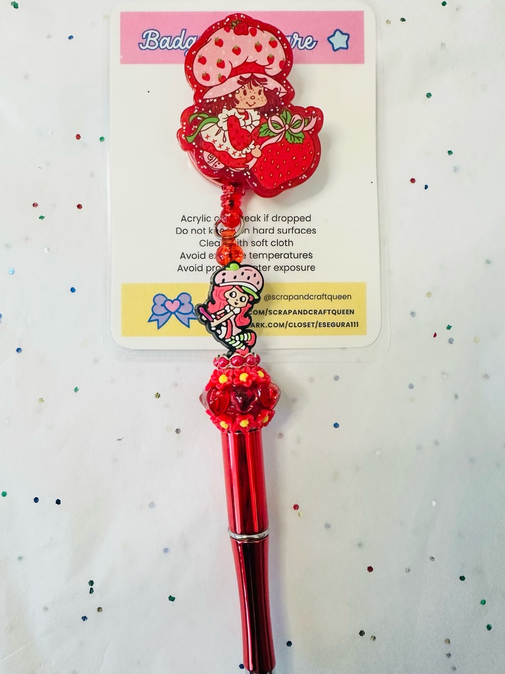 Strawberry Character Red Charm badge reel with Pen and refill